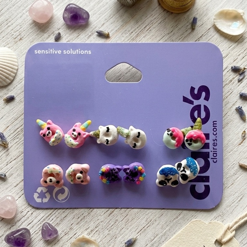 NWT Claire’s Sensitive Solutions 6 Pair Earring Set- Animal & Sweet Treat Studs